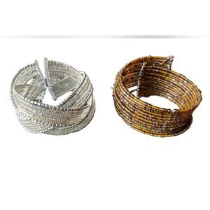 Beaded Cuff Bracelets One Silver and One Bronze Vintage boho style Womens